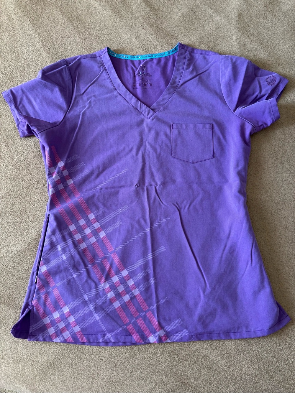 Women’s Purple V-Neck Short Sleeve Tee with Plaid Accent